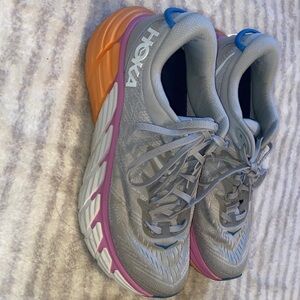 Hoka Women's Light Gray Running Shoes with Pink & Orange Accents
